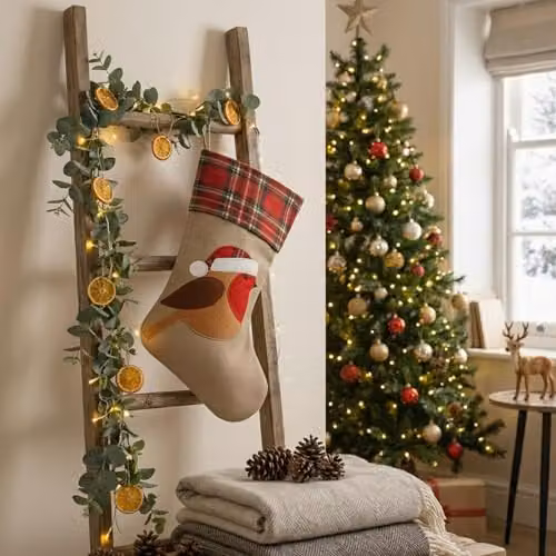 Shatchi Large Brown Robin Christmas Stocking with Classic Printed Design, 45 cm Hanging Burlap Linen Sack – 7