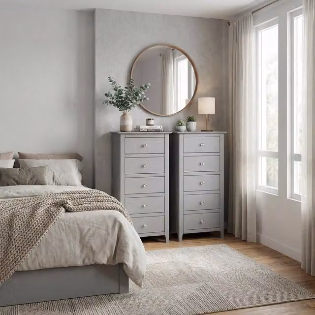 FWStyle Pair of Dove Grey 5 Drawer Chests with Polished Metal Handles