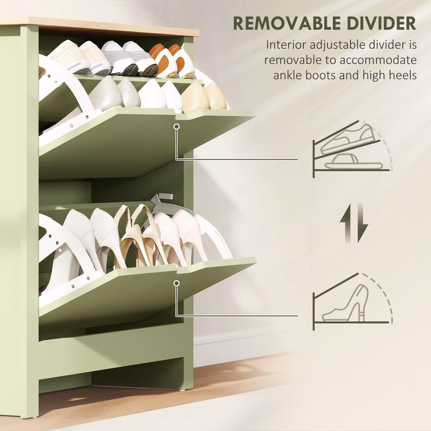 HOMCOM Slim Green Shoe Cabinet with 2 Tilting Drawers and Adjustable Internal Shelves – 4