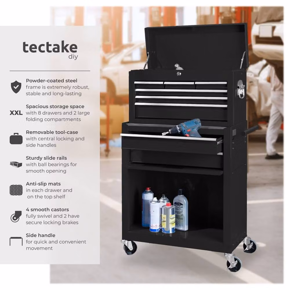 tectake Rollable Tool Chest in Black, H 110.0 cm x W 69.0 cm x D 33.0 cm – 2