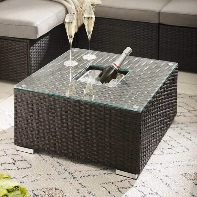 FurnitureboxUK Orlando Rattan Garden Coffee Table with Central Ice Bucket in Brown and Beige