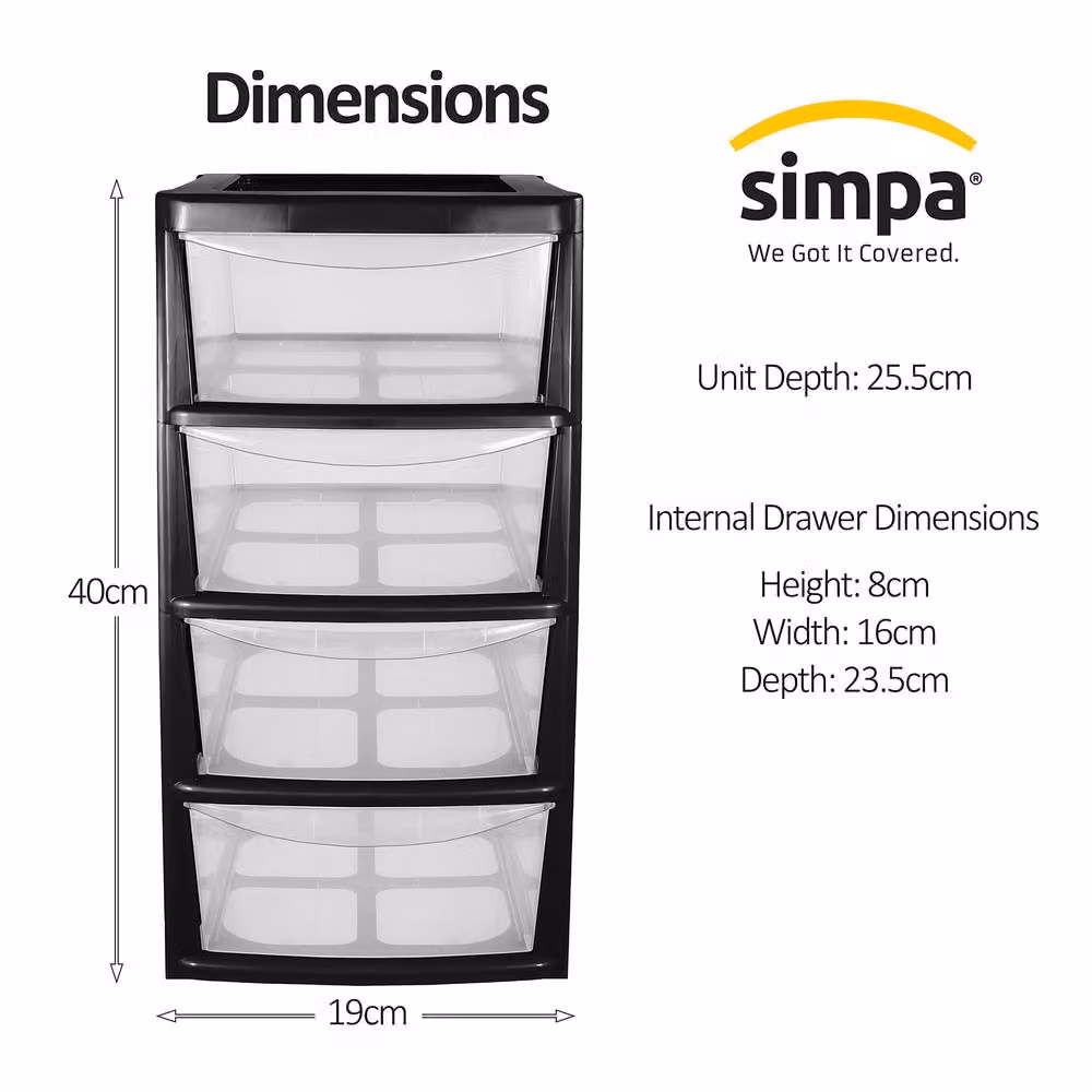 Simpa Set of 2 Mini 4 Drawer Storage Tower Units, Black, H: 40 cm – 3