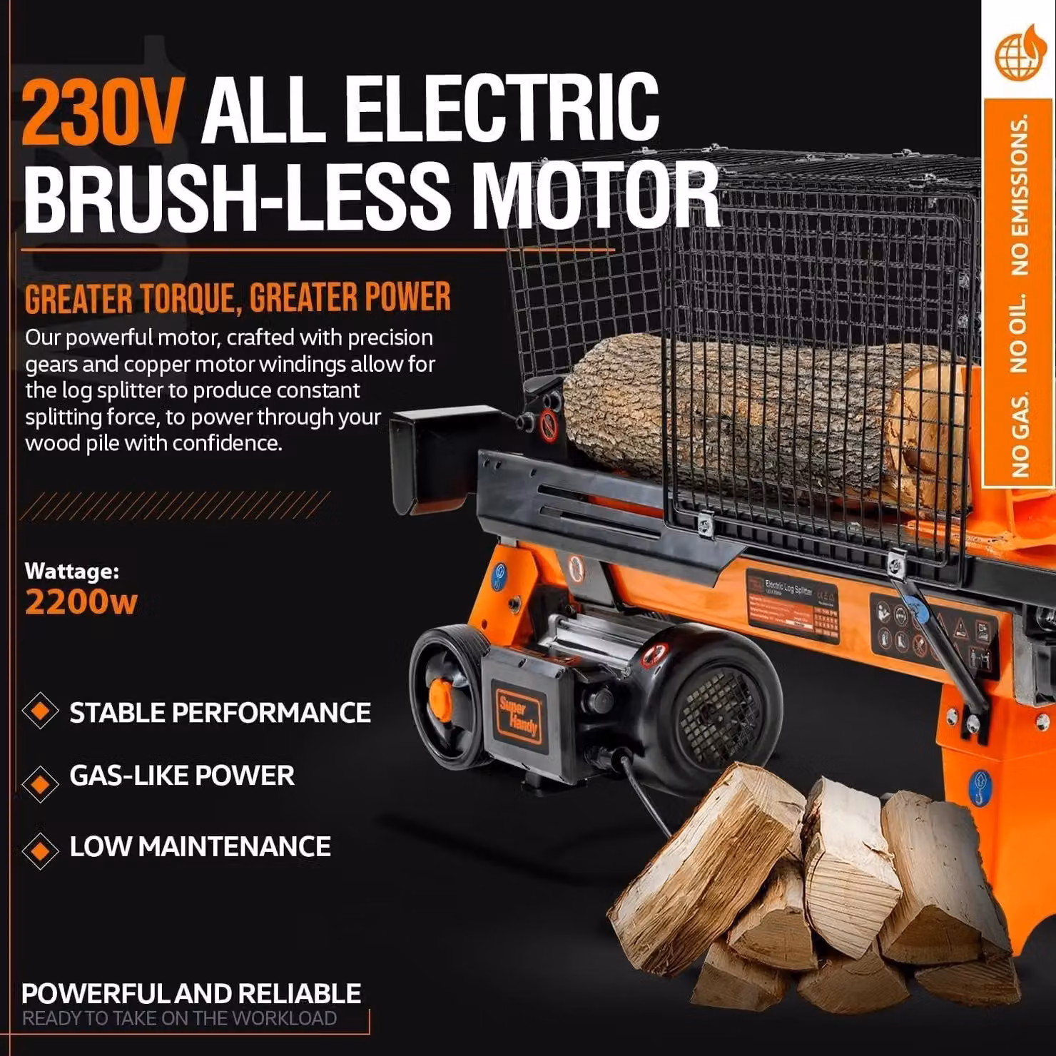 Superhandy Portable Electric Log Splitter with 6 Ton Ram System in Orange – 2