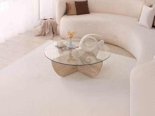Vente-unique Aysun Tempered Glass Coffee Table with Travertine Effect in Beige and Transparent, W/D/H: 90 x 90 x 30 cm