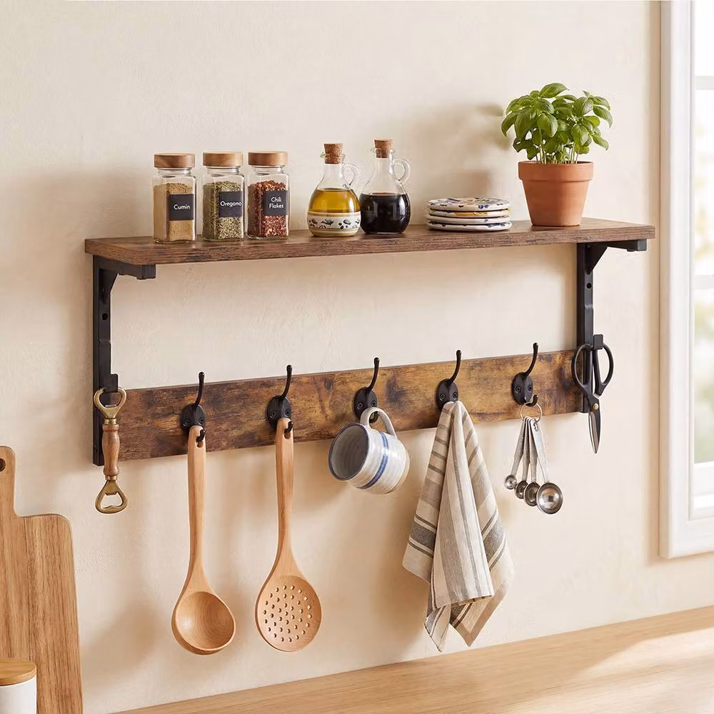 Levede Wall Mounted Wooden Coat Rack with 7 Hooks and Shelf, Brown and Black, W: 70 cm, D: 25 cm, H: 7 cm – 3