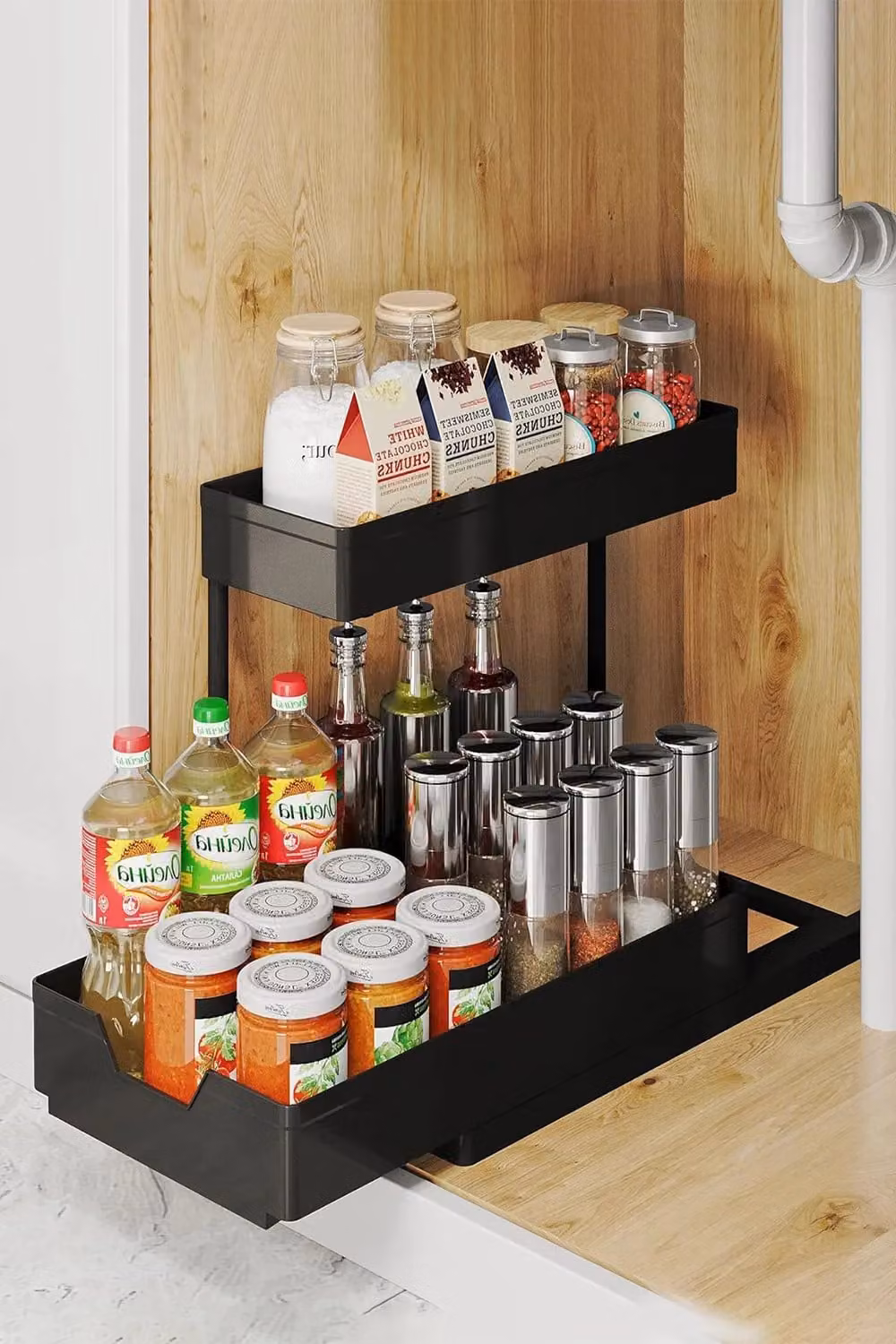 Living and Home 2-Tier Spice Rack Cabinet Organizer with Sliding Storage Basket in Black for Kitchen and Bathroom – 3