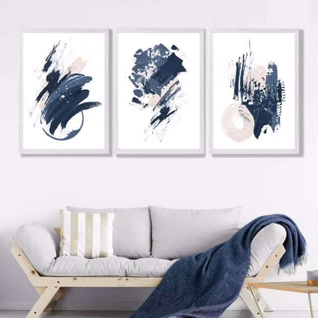 ARTZE Set of 3 Blue Abstract Minimalist Wall Art Prints with White Frames, A3 Size
