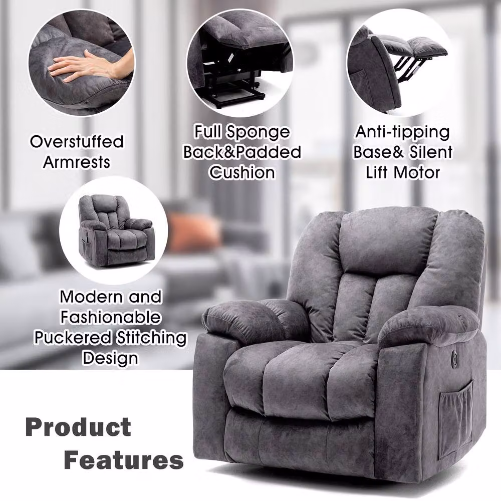 Matteo Electric Power Lift Massage Recliner Chair with Heat in Grey Fabric – 5