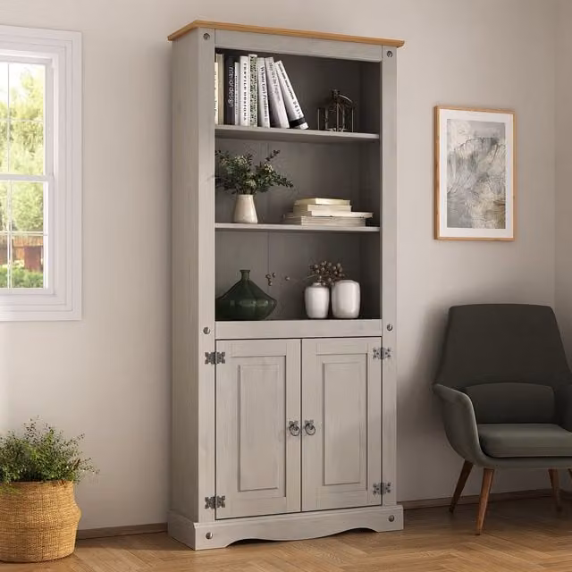 Mews Grey Rustic Pine 2 Door Bookcase Display Cabinet