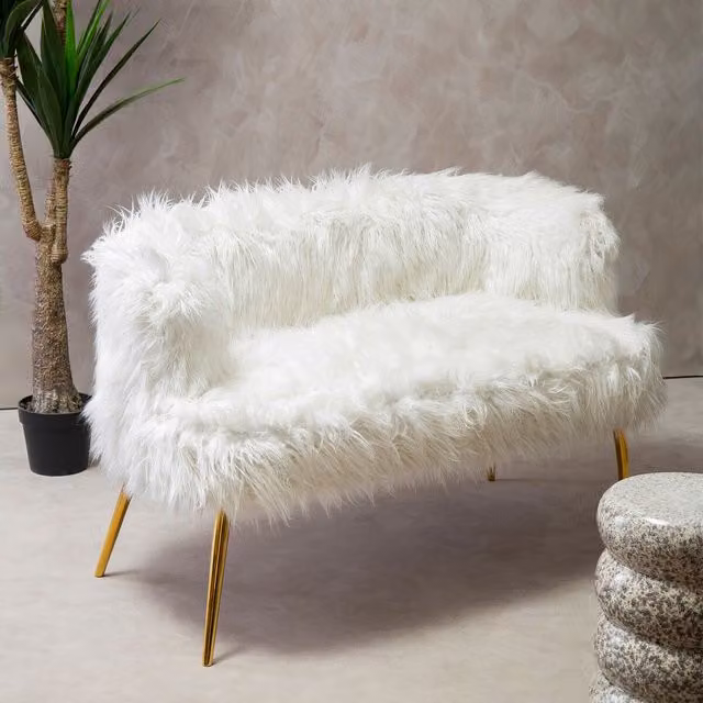 Fifty Five South Orsina 2 Seater Faux Fur Effect Sofa in White with Gold Metal Legs – 2