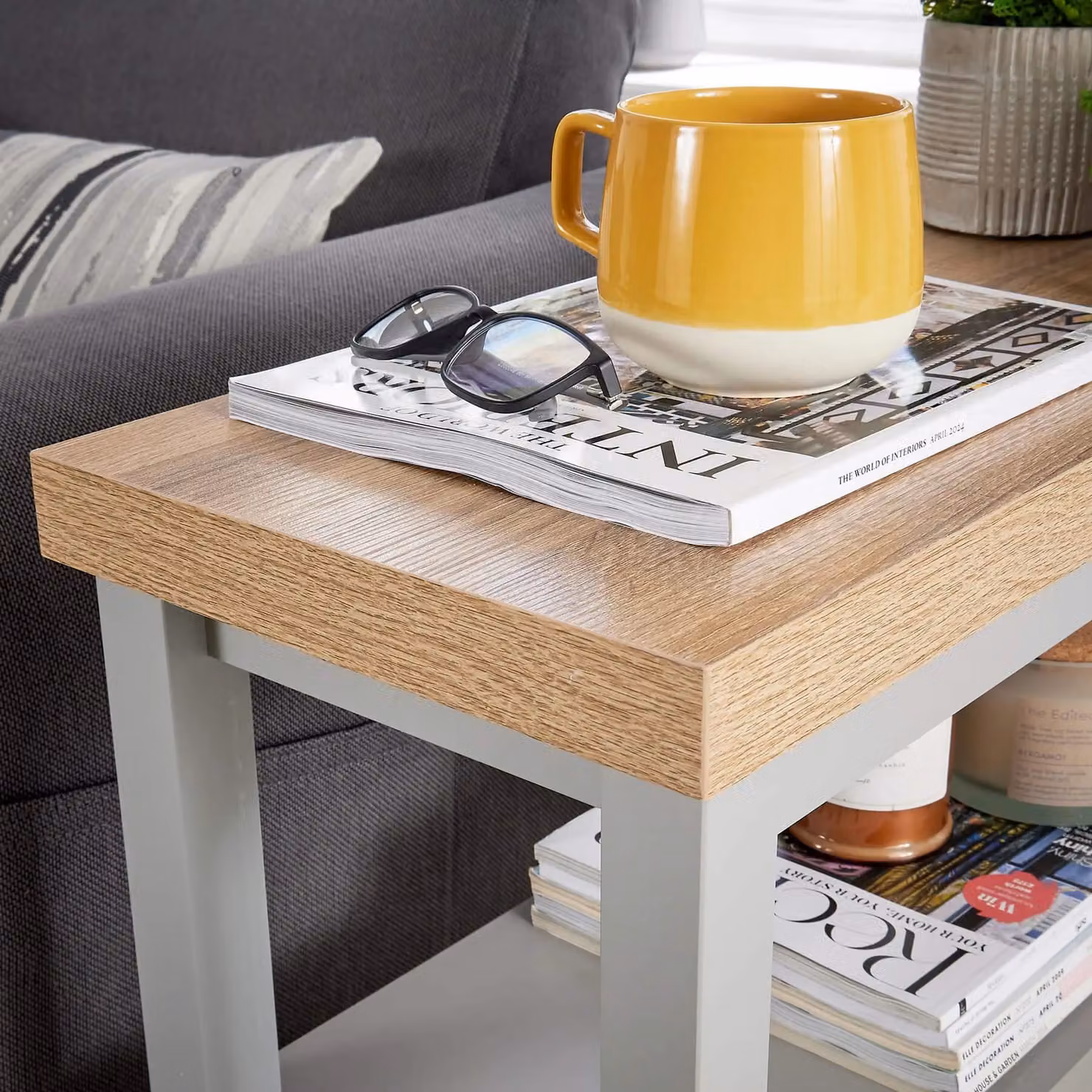 Home Source Side Table with Oak Effect Top and Storage Shelves in Light Grey – 2