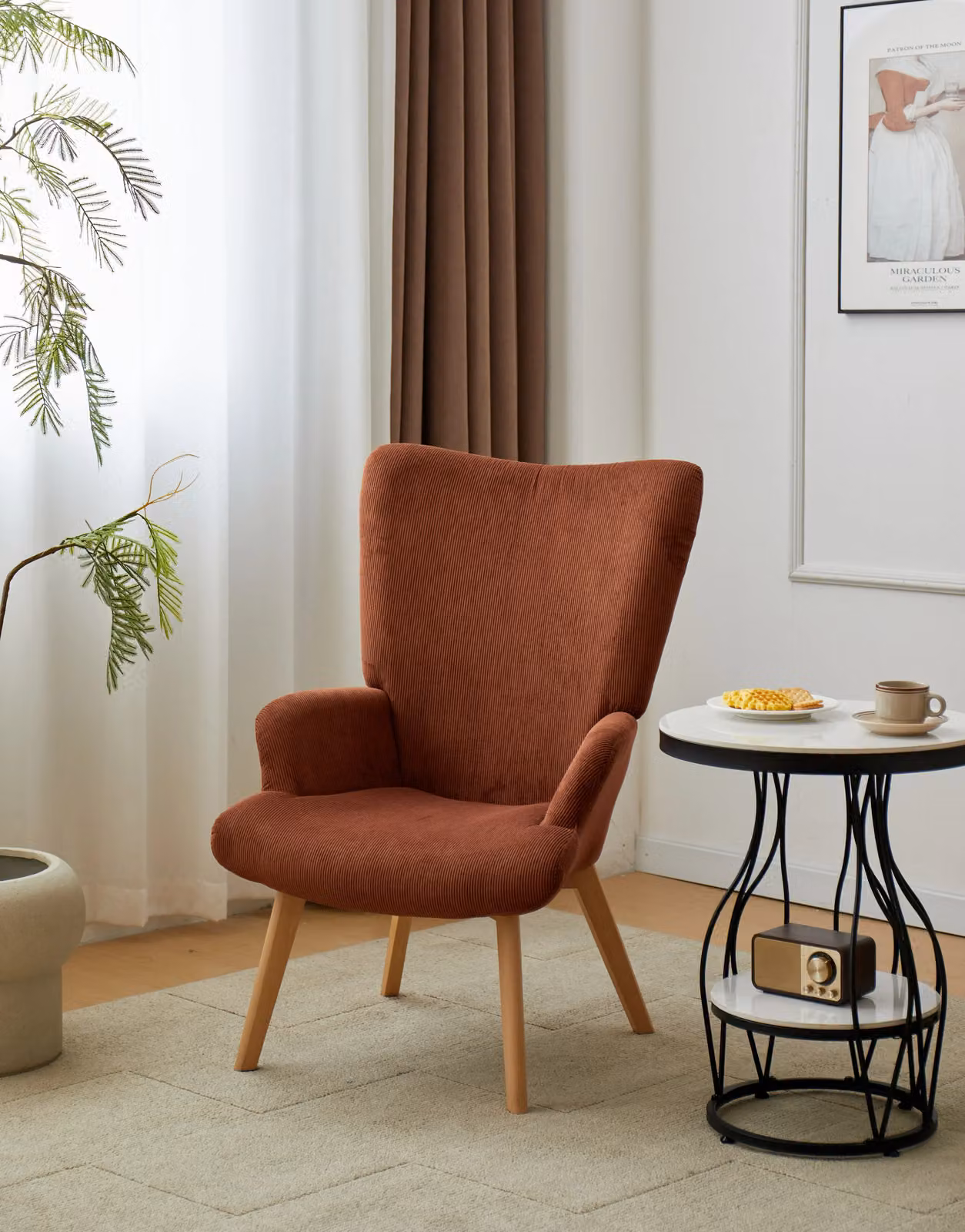 Nordlys Scandinavian Style Red Velvet Lounge Chair with Wooden Legs and Armrests – 2