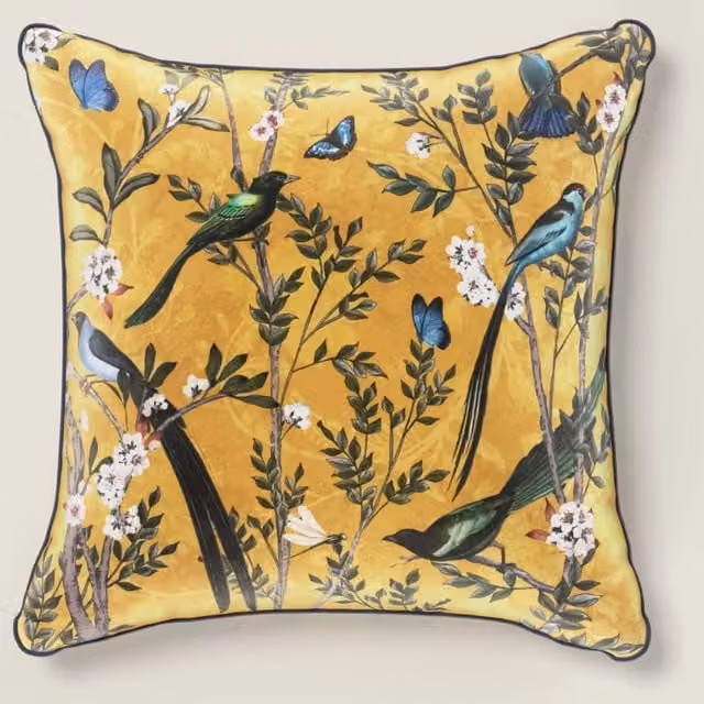 M&S Velvet Spring Bird Square Cushion in Ochre Yellow