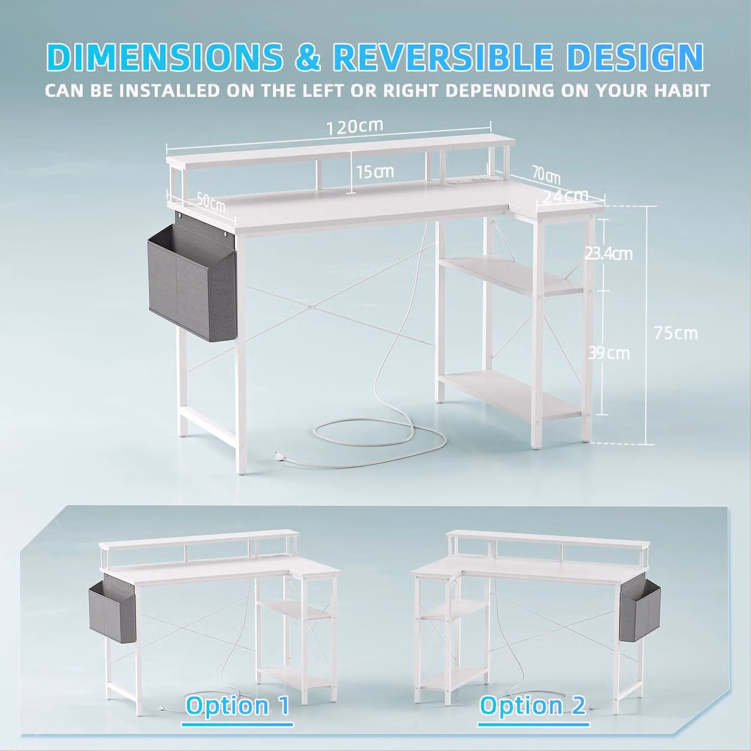 BEXEVUE L-Shaped Computer Gaming Desk with Power Outlets and Shelves, White, W: 120 cm, D: 70 cm – 2