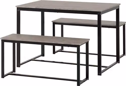 Seconique Lincoln Industrial Dining Table and 2 Bench Set in Black and Grey Stone Effect