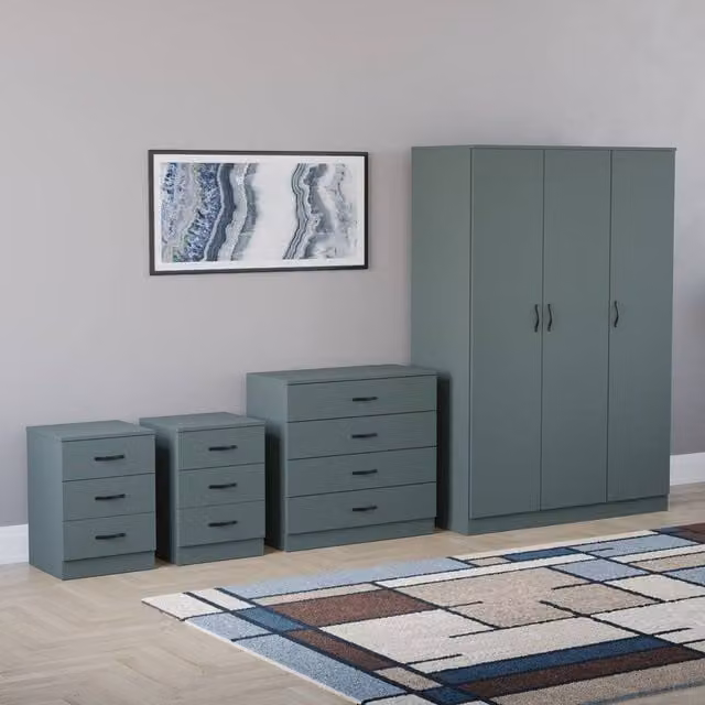 HD Designs 4 Piece Modern Green Bedroom Set Including 2x3 Drawer Bedside Tables, 4 Drawer Chest and 3 Drawer Wardrobe – 1