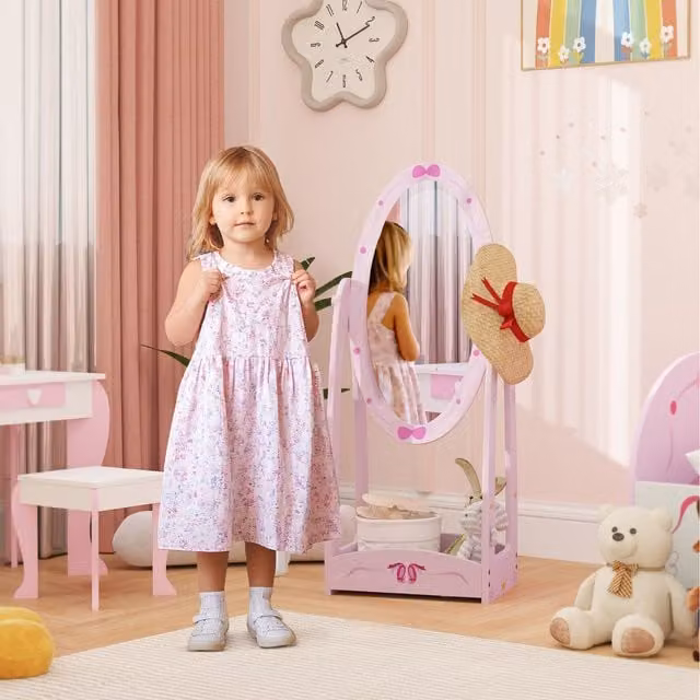 AIYAPLAY Kids Standing Mirror with Storage Shelf, Pink