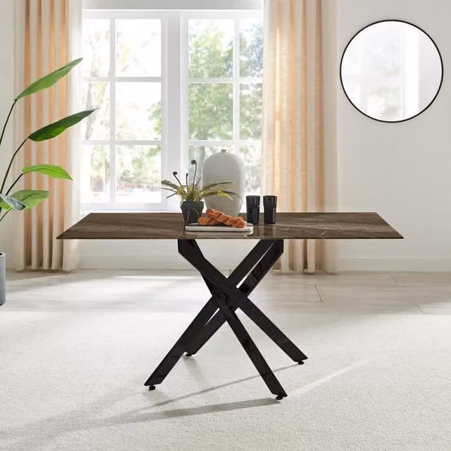 FurnitureboxUK Leonardo 6-Seater Rectangular Dining Table with Dark Brown Marble Effect Glass Top and Black Metal X-Frame Legs