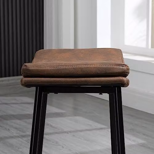HOMCOM Set of 2 Brown Microfibre Upholstered Industrial Bar Stools with Metal Frame – 6