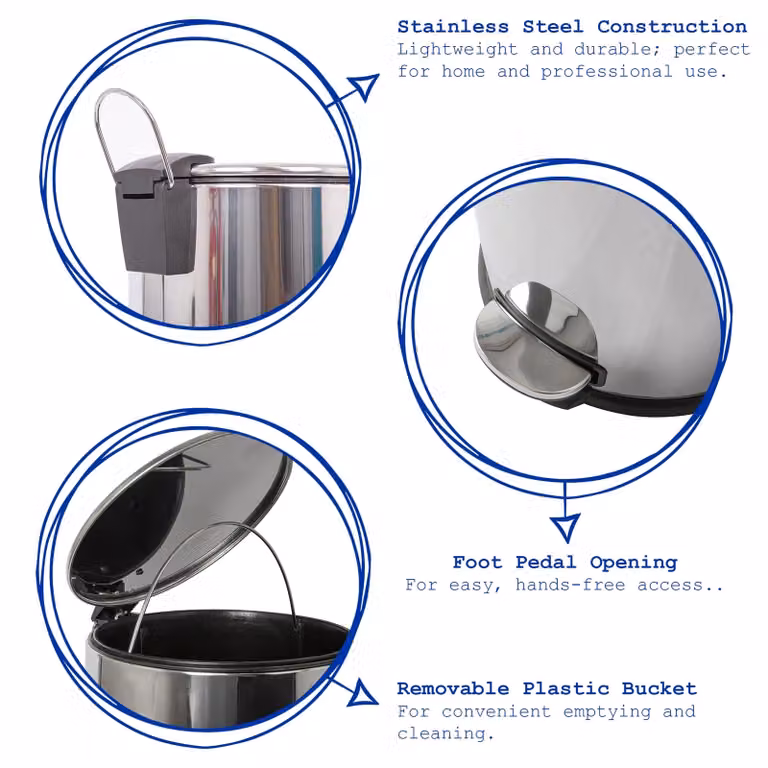 Harbour Housewares 30L Stainless Steel Round Kitchen Pedal Bin in Metallic Silver
