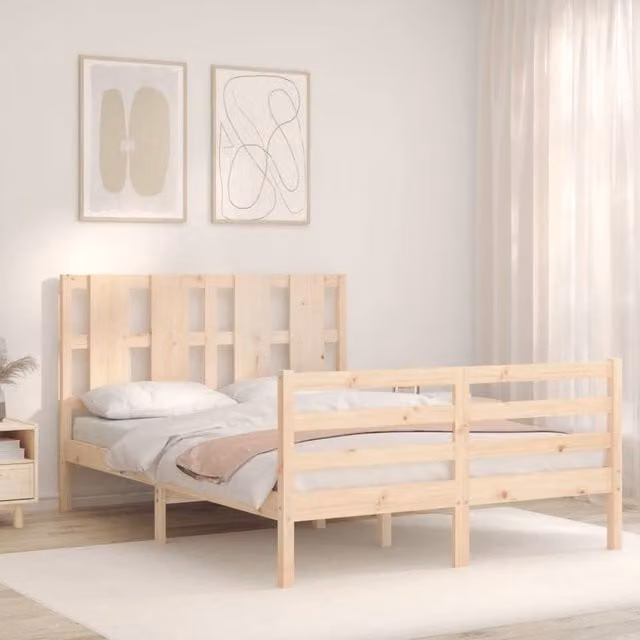 Berkfield Home Beautiful Double Bed Frame with Headboard in Beige Solid Pine Wood W/D/H: 140.5 x 200 x 100 cm