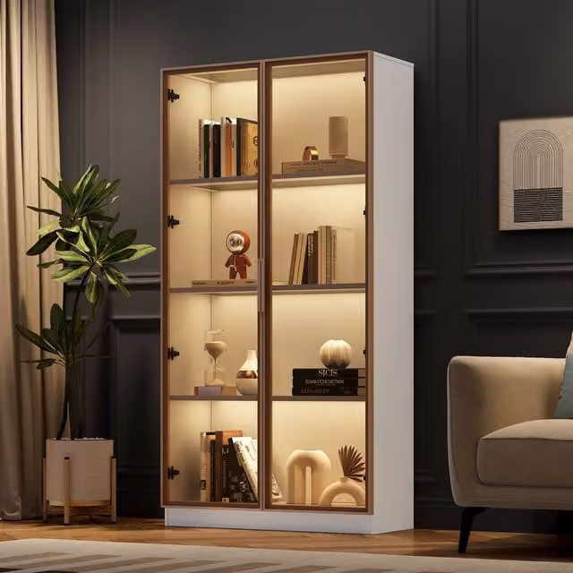 Aosom UK Modern White LED Display Cabinet with Glass Doors and Adjustable Shelves, H 160 x W 80 x D 40 cm
