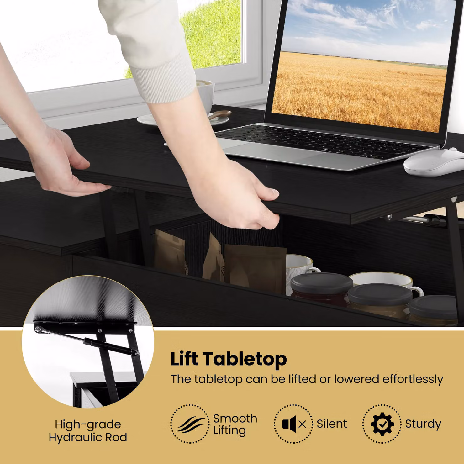 Costway Modern Lift Top Coffee Table with Storage in Black – 6