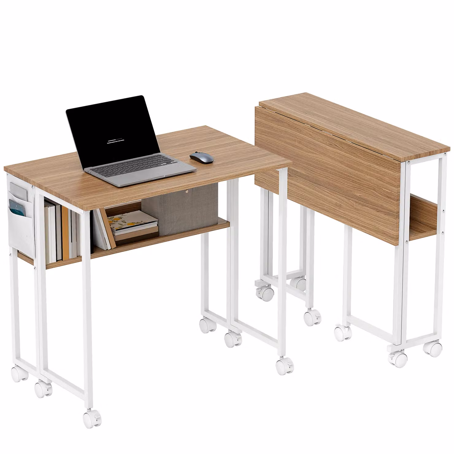 HOMCOM Foldable Computer Desk with Castors in Natural and White – 2