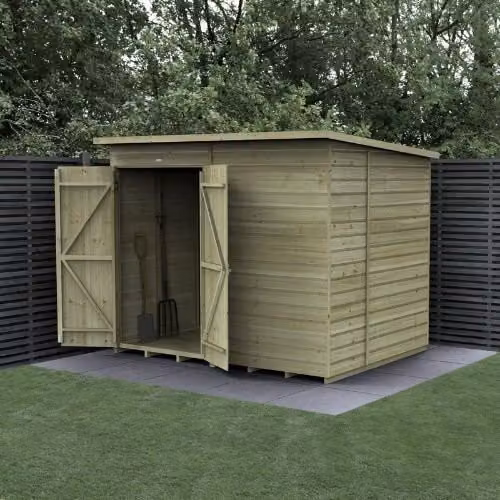Forest Garden Shiplap Pent Shed with Double Doors in Green or Brown, W: 243.84 cm, D: 182.88 cm