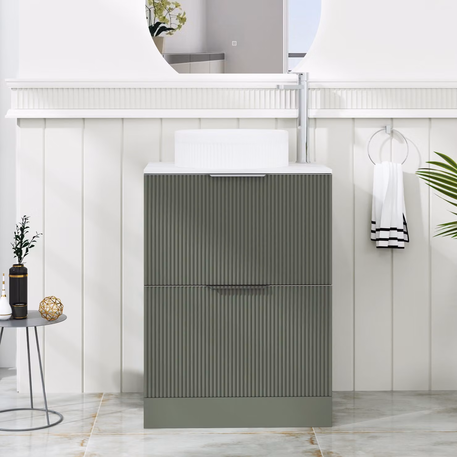 Royal Bathrooms Evora Sage Green Fluted Floor Standing Countertop Vanity Unit with 2 Drawers and Round Basin