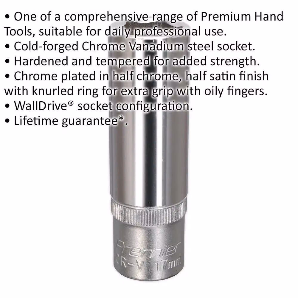 Loops 17mm Deep Drive Socket 1/2 inch Square Drive Chrome Vanadium in Silver – 2