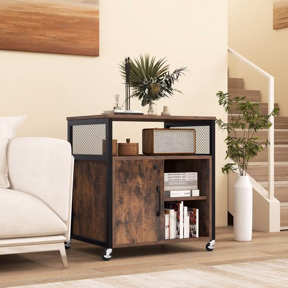 Gymax Industrial Metal and MDF File Cabinet on Wheels, Brown, H: 66.0 cm x W: 60.0 cm – 3