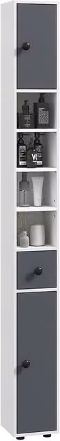 FORGEVIO Modern Narrow Tall Bathroom Cabinet in Dark Grey and White with Hinged Doors and Internal Shelves