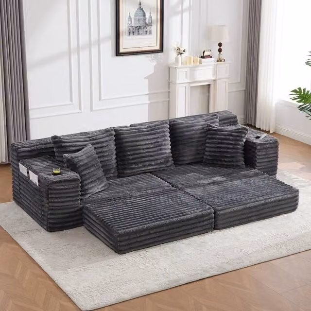 Matteo Dark Grey Corduroy Sleeper Sofa with High Back, Pockets and Cup Holders