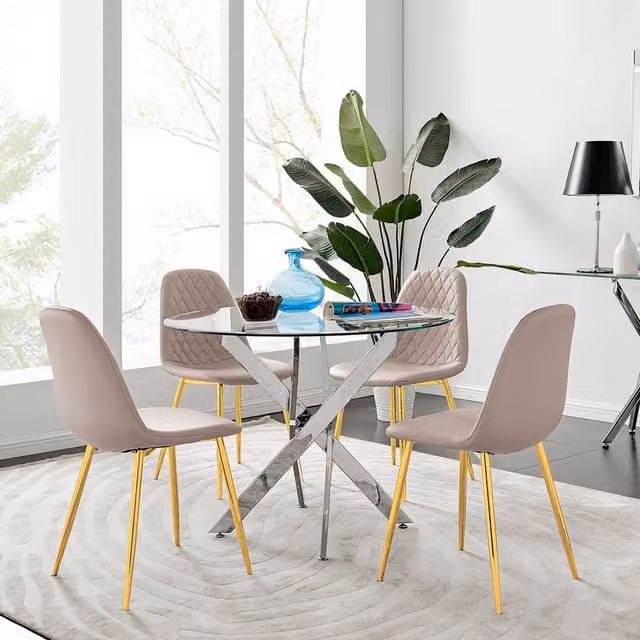 FurnitureboxUK Novara Round Glass Dining Table with 4 Corona Gold Dining Chairs in Beige