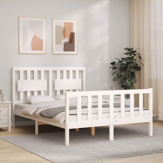 Berkfield Home Solid Pine Bed Frame with Headboard in White, W/D/H: 120 x 200 cm