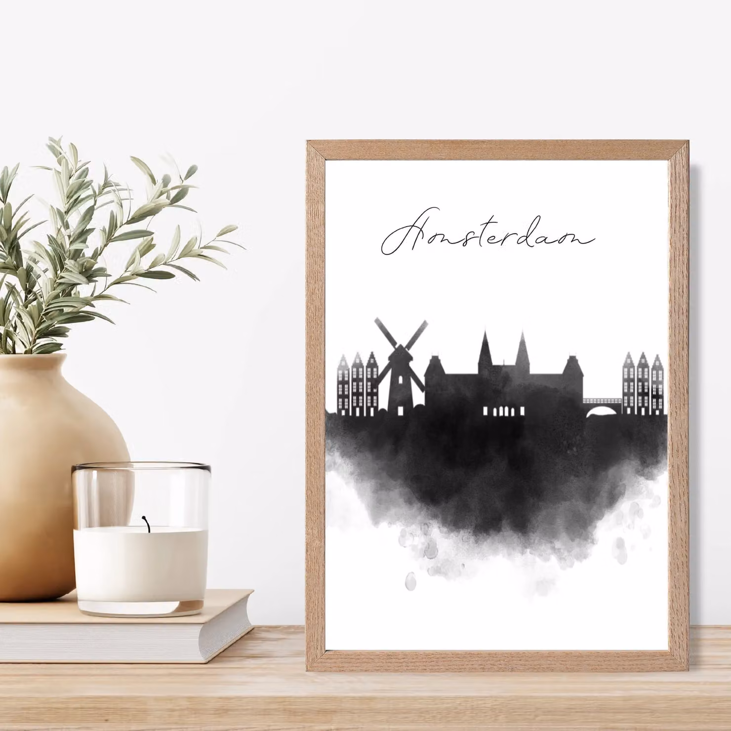 ARTZE Amsterdam Watercolour Skyline City Framed Print, Black and White, A4 – 2