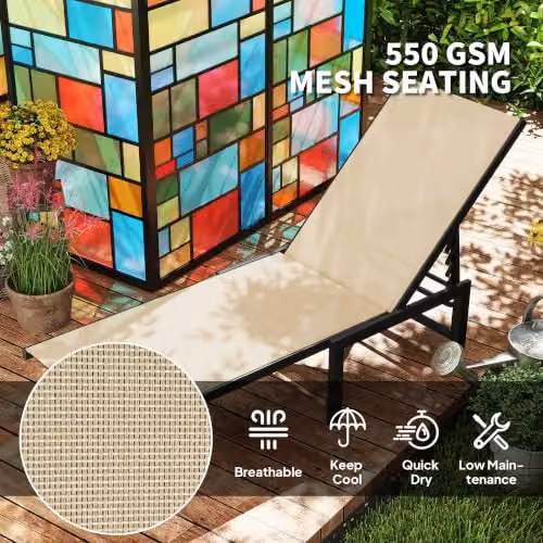 Outsunny Garden Sun Lounger with Textilene Seat and Adjustable Headrest in Beige – 4