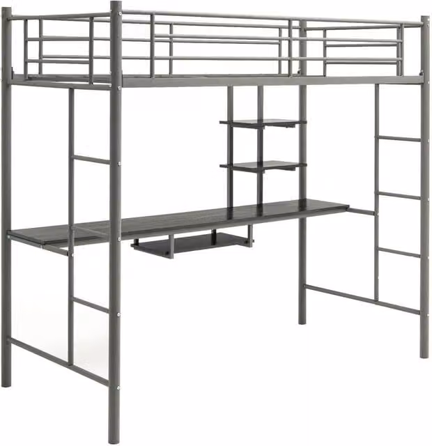 Costway Single Metal Loft Bed Frame High Sleeper with Desk and Storage Shelves, Silver