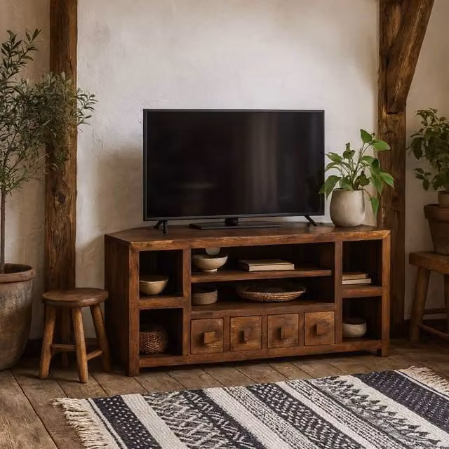 Wyld Haus Phuket Corner TV Unit in Dark Mango Wood, Brown, W/D/H: 110 x 45 x 55 cm – 1