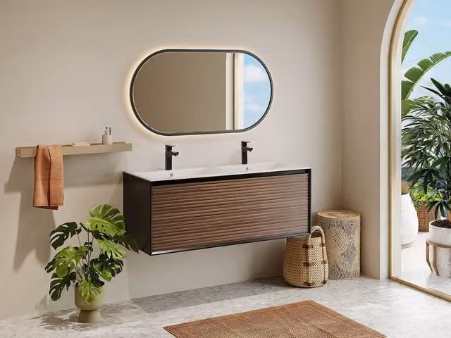 Vente-unique Wall-Hung Ribbed Bathroom Vanity Unit with Inset Ceramic Basin, Dark Natural in Black, W/D/H: 120 x 45.8 x 45 cm