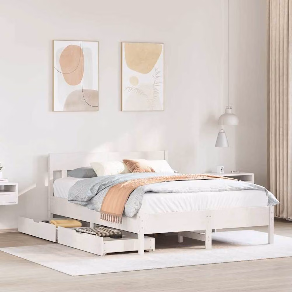 Berkfield Home White Solid Wood Pine King Size Bed Frame with Drawers W/D/H: 150 x 200 cm