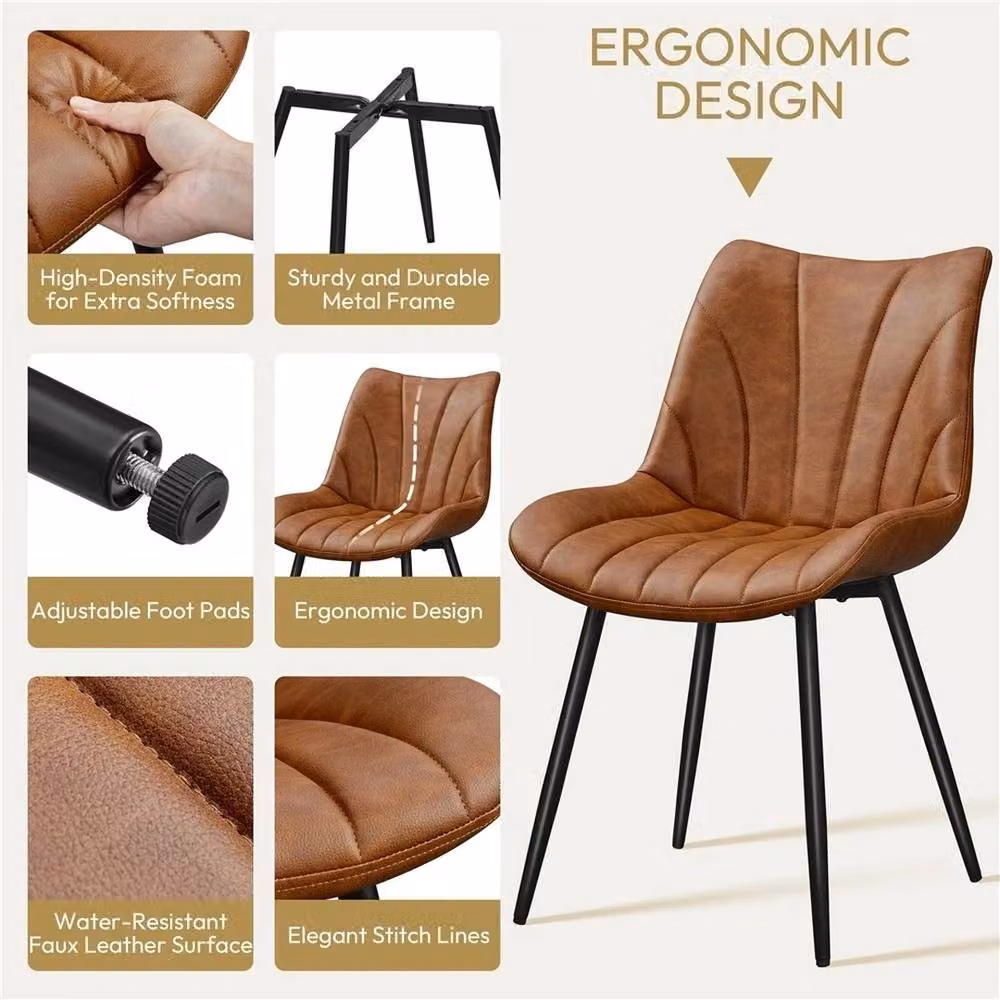 VOGREX Set of 2 Retro Brown PU Leather Upholstered Dining Chairs with Metal Legs – 3