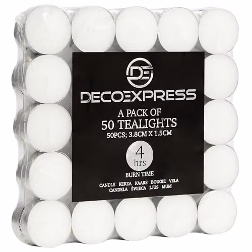 Deco Express Unscented White Tealight Candles, 4 Hour Burn Time, Pack of 50