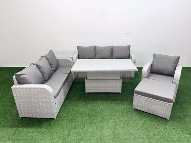 Fimous 8 Seater Poly Rattan Garden Furniture Set in Grey with Adjustable Lifting Dining or Coffee Table, 3 Seater Sofa and 3 Reclining Chairs