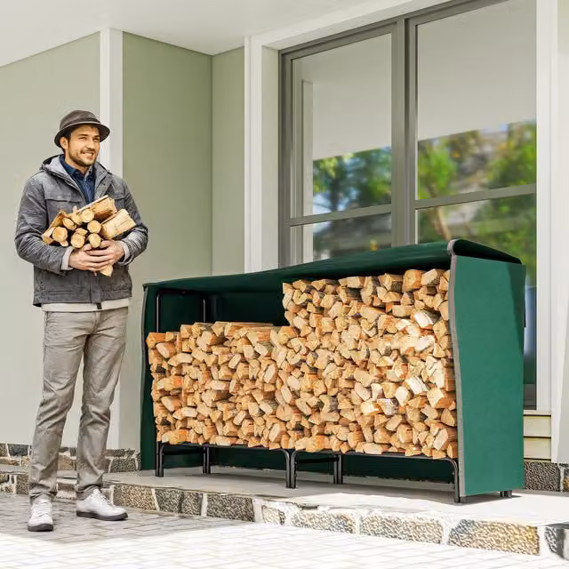 Outsunny Firewood Rack with Waterproof Cover, Green, W/D/H: 200 x 36 x 99 cm