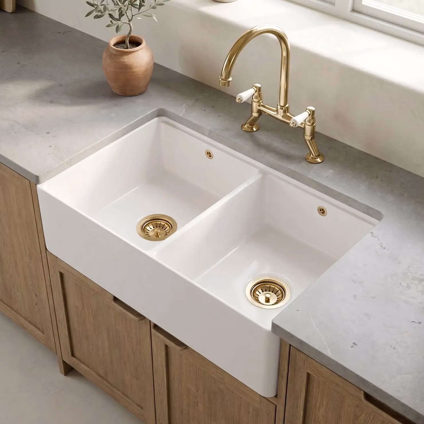 Balterley White Ceramic Fireclay Kitchen Sink with Thin Edge Flush Weir, W: 79.5 cm, D: 46 cm, H: 22 cm – 4
