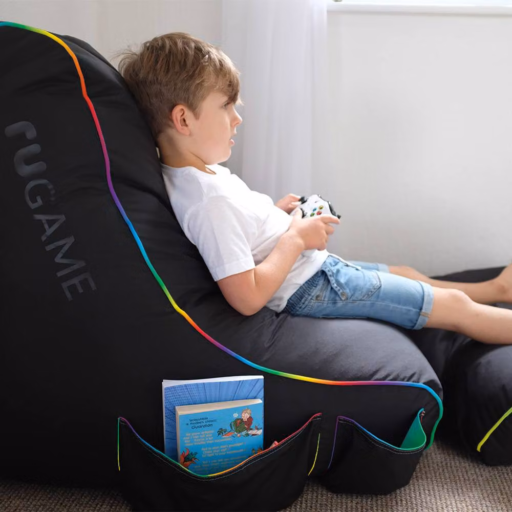 rucomfy Kids Gaming Bean Bag Chair in Black and Multicolour with Water-Repellent Removable Fabric Cover – 3