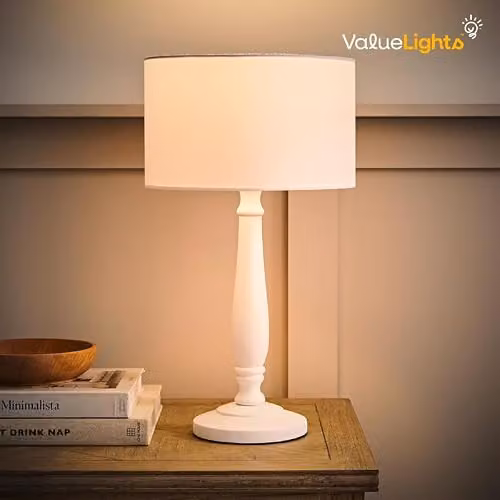 ValueLights Traditional White Wood Candlestick Table Lamp with White Fabric Drum Shade – 2