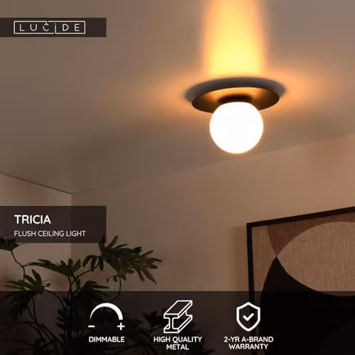 Lucide Tricia Dimmable Modern Flush Ceiling Light in Black – 2